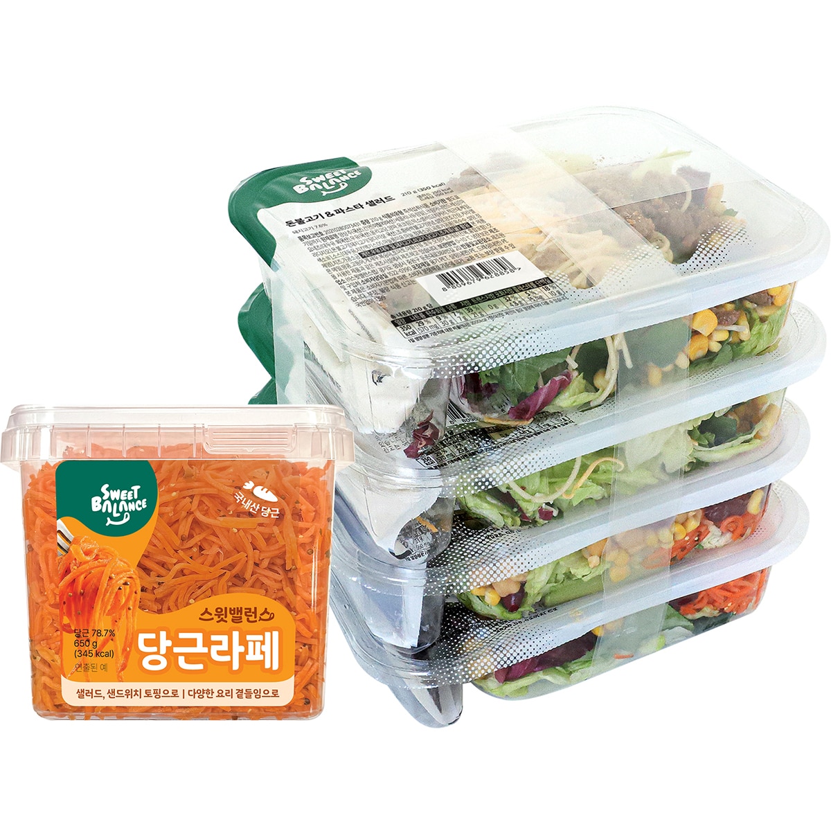 스윗밸런스 당근라페 650g + 샐러드 2종 4팩 820g 스윗밸런스 당근라페 650g + 샐러드 2종 4팩 820g