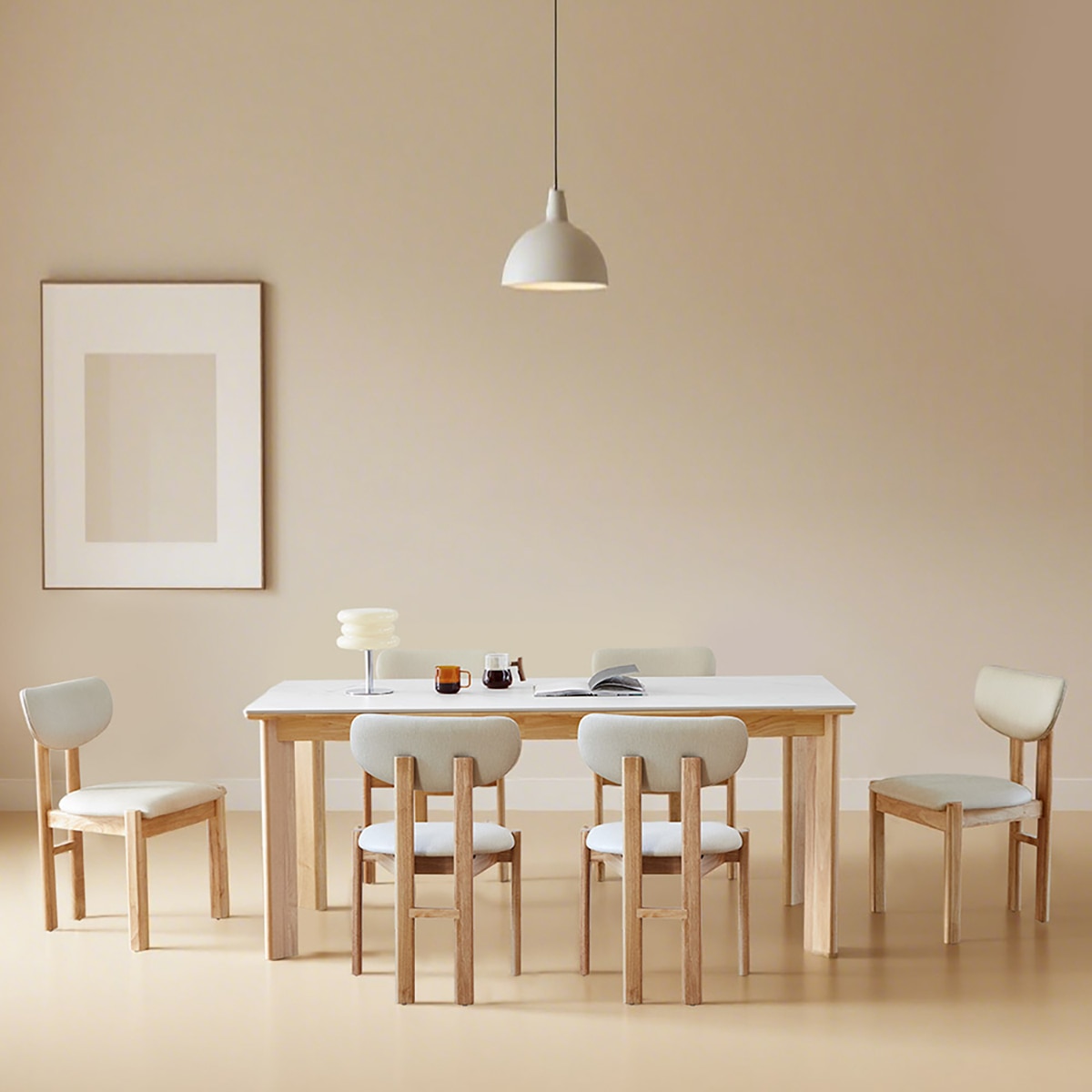 헤이지 세라믹 식탁 세트 6인 - 내츄럴, 마블 화이트