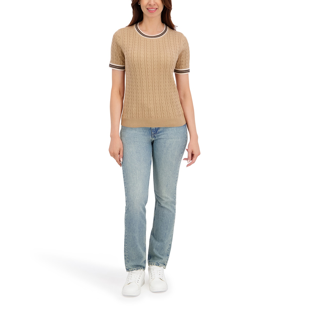 할스톤 여성 케이블 반소매 니트 - 베이지, M