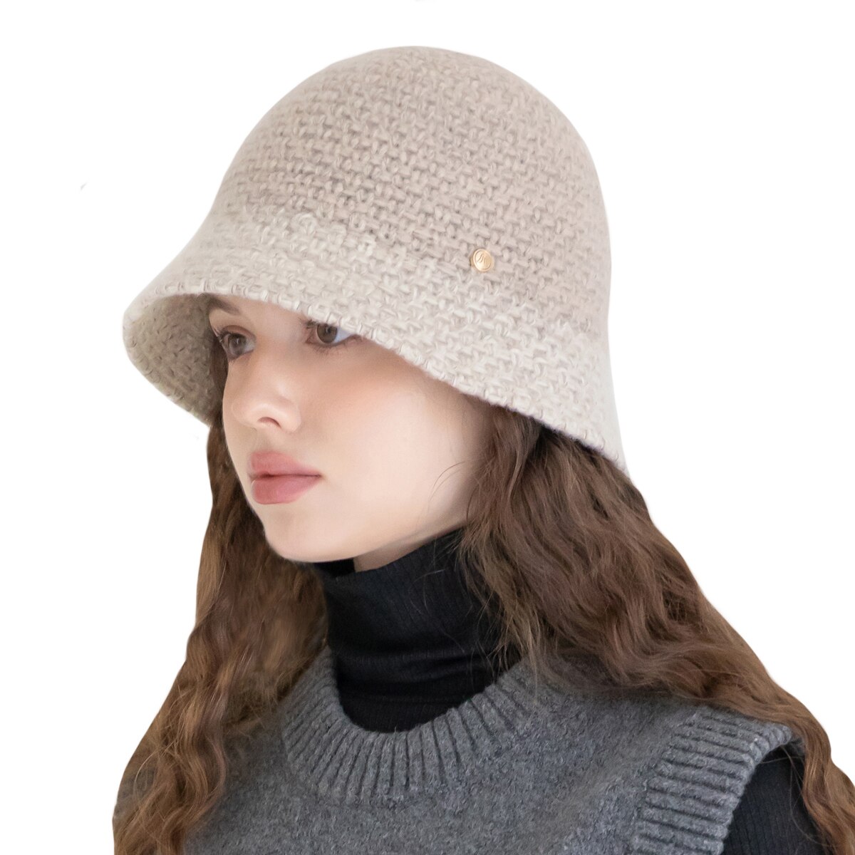 안드레아바나 여성 울 트위드 모자 - 베이지