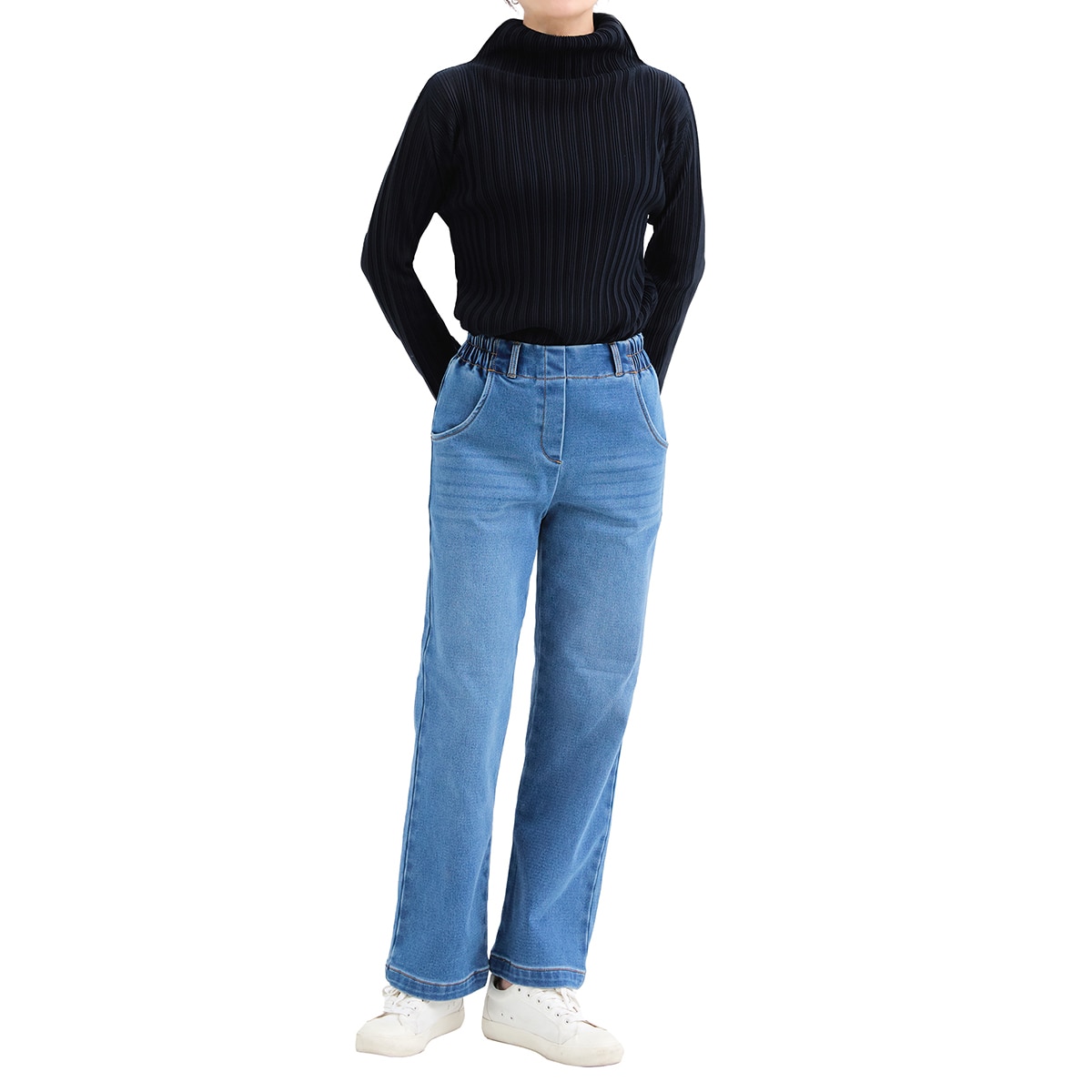 마리끌레르 여성 기모 밴딩 청바지 - 미디엄 블루, L