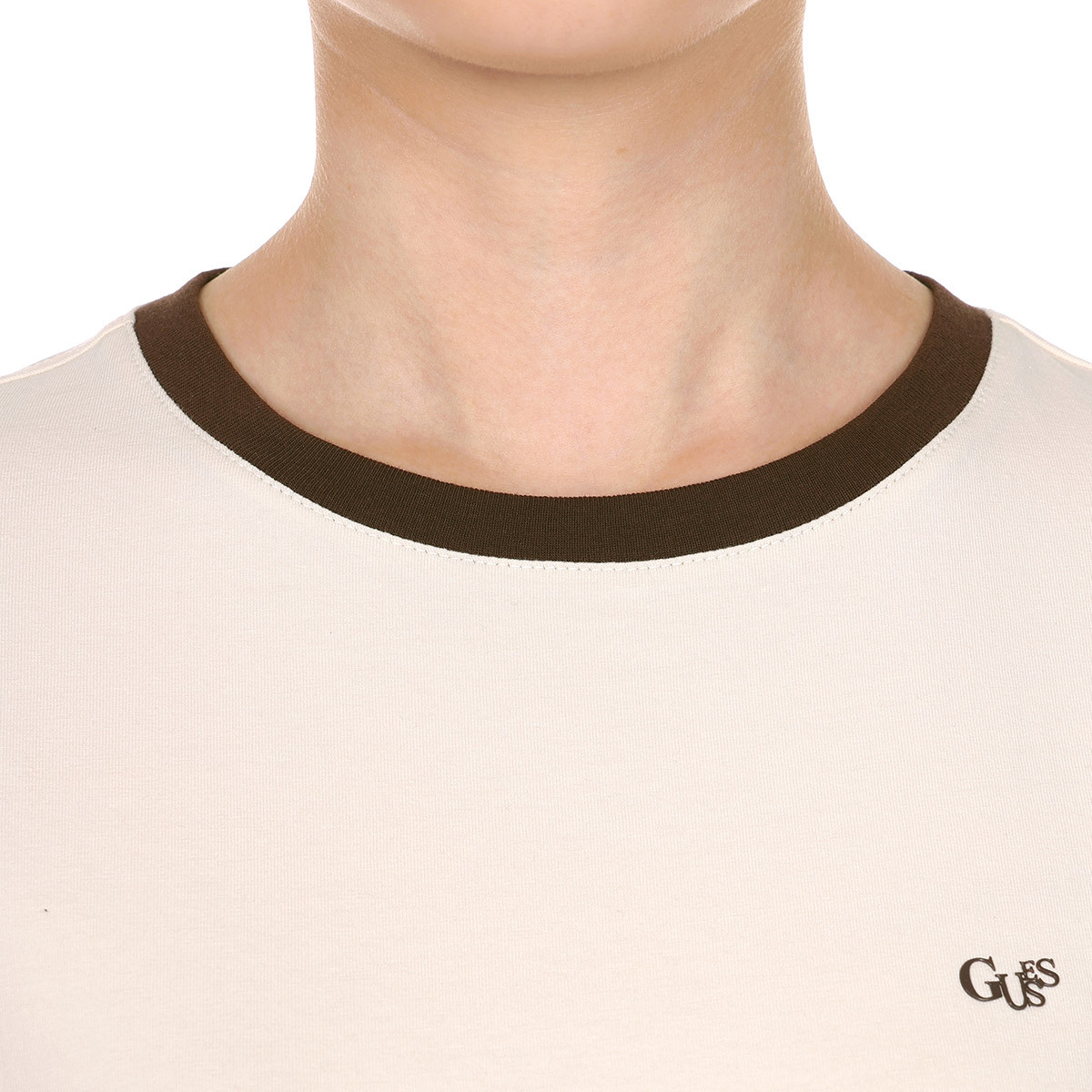 게스 여성 크루넥 반소매 크롭 티셔츠 - 베이지