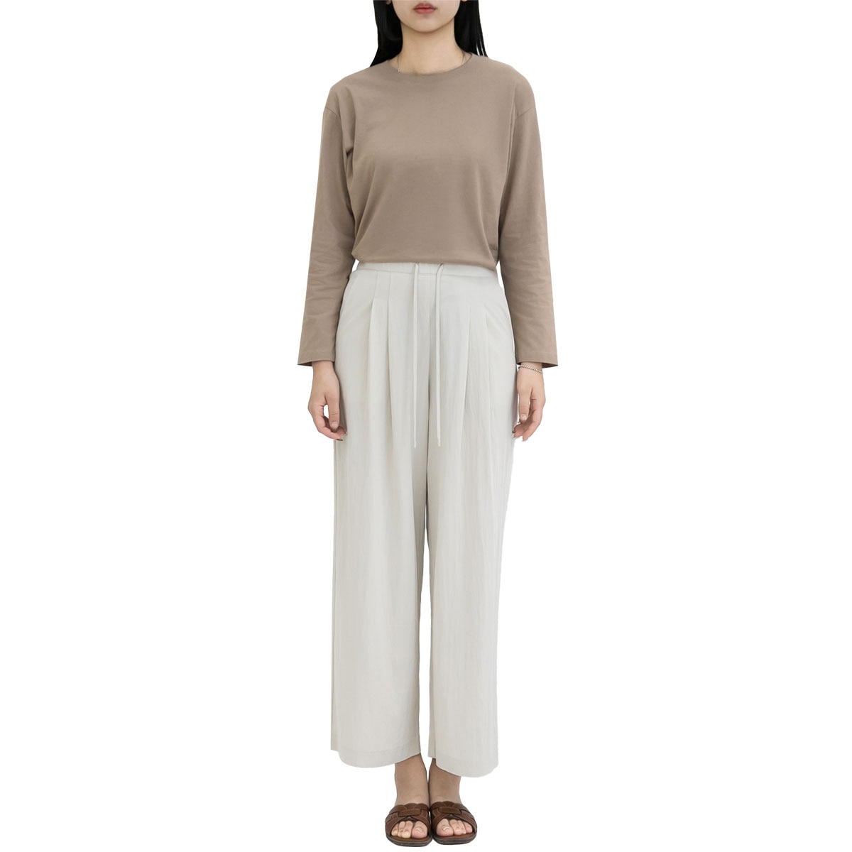 르샵 여성 핀턱 와이드 팬츠 - 라이트 베이지, M