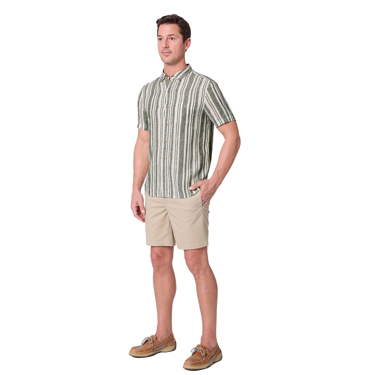 Tailor Vintage 남성 반소매 린넨 셔츠 - 그린 스트라이프