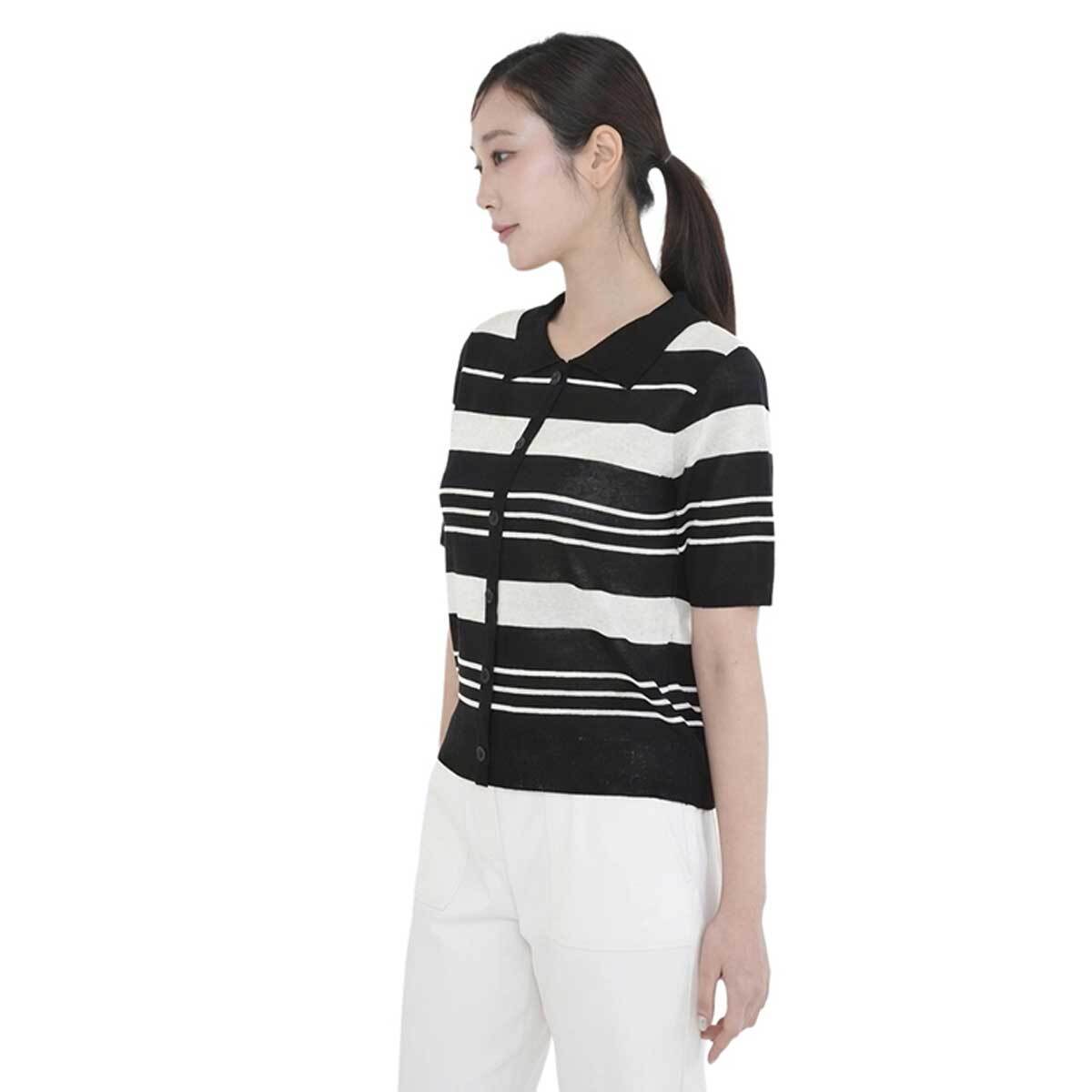 베네뜨 여성 카라 스트라이프 풀오버 니트 - 블랙>오트밀, S