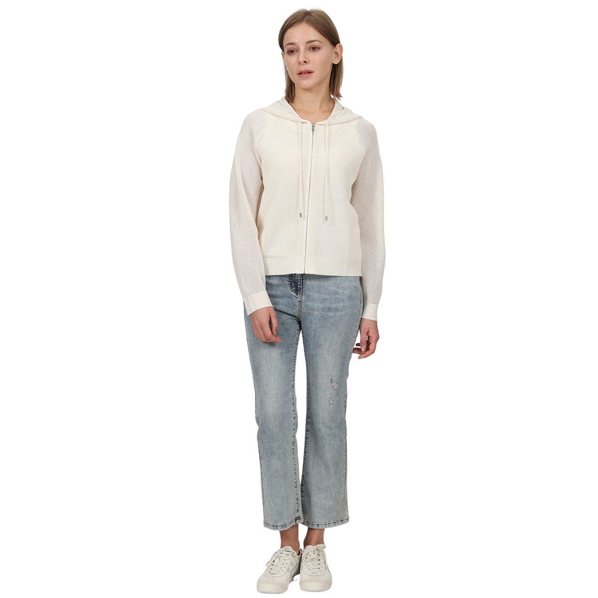 솔레지아 여성 니트 후드 집업 - 아이보리, S