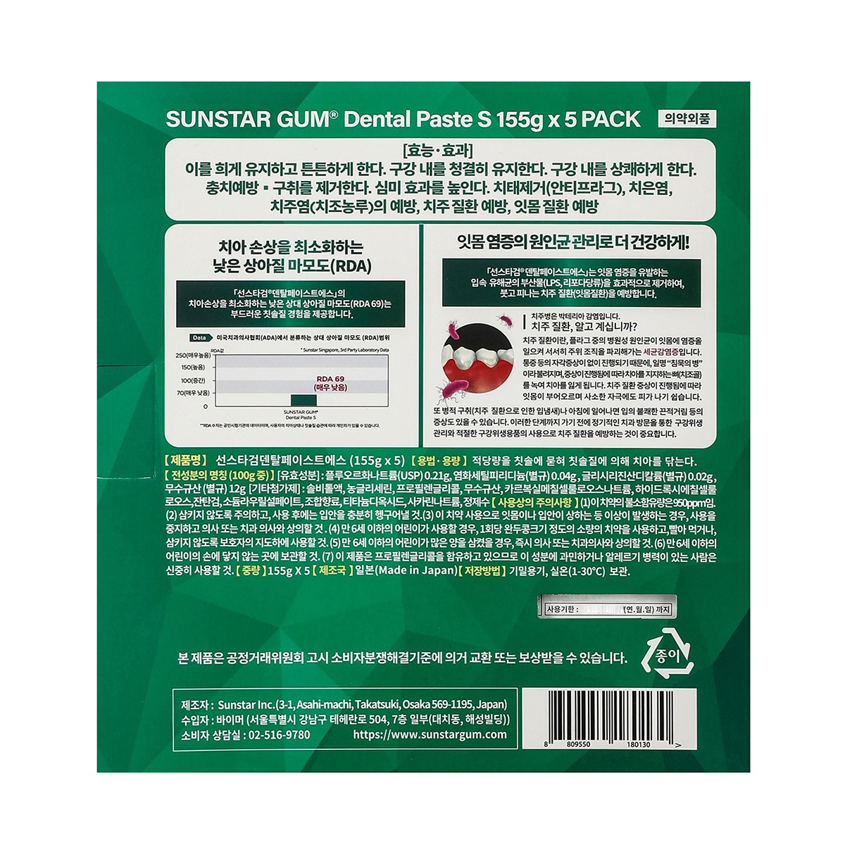 G.U.M 덴탈 치약 155g x 5개입