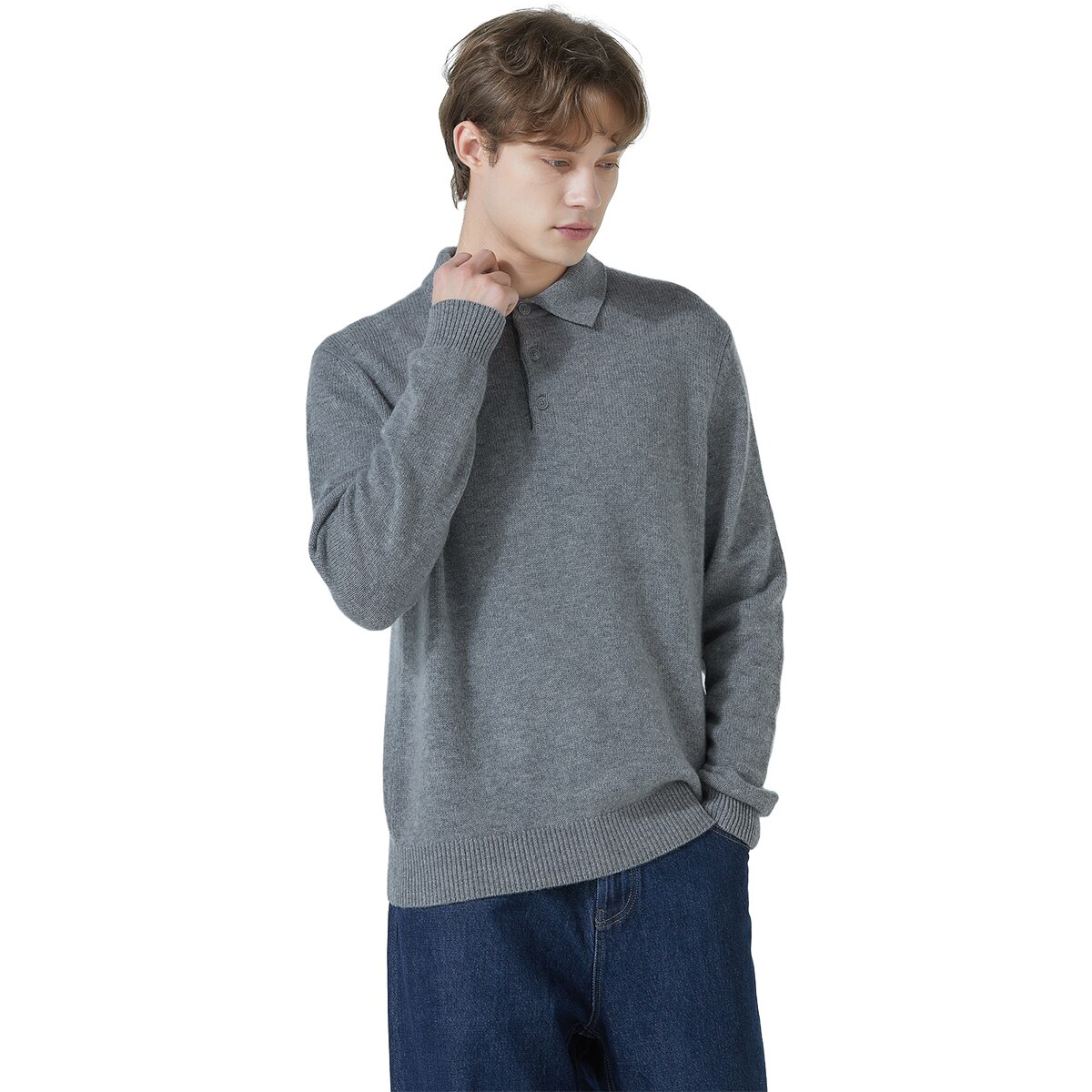 바인 남성 캐시미어 100% 폴로 - 라이트그레이