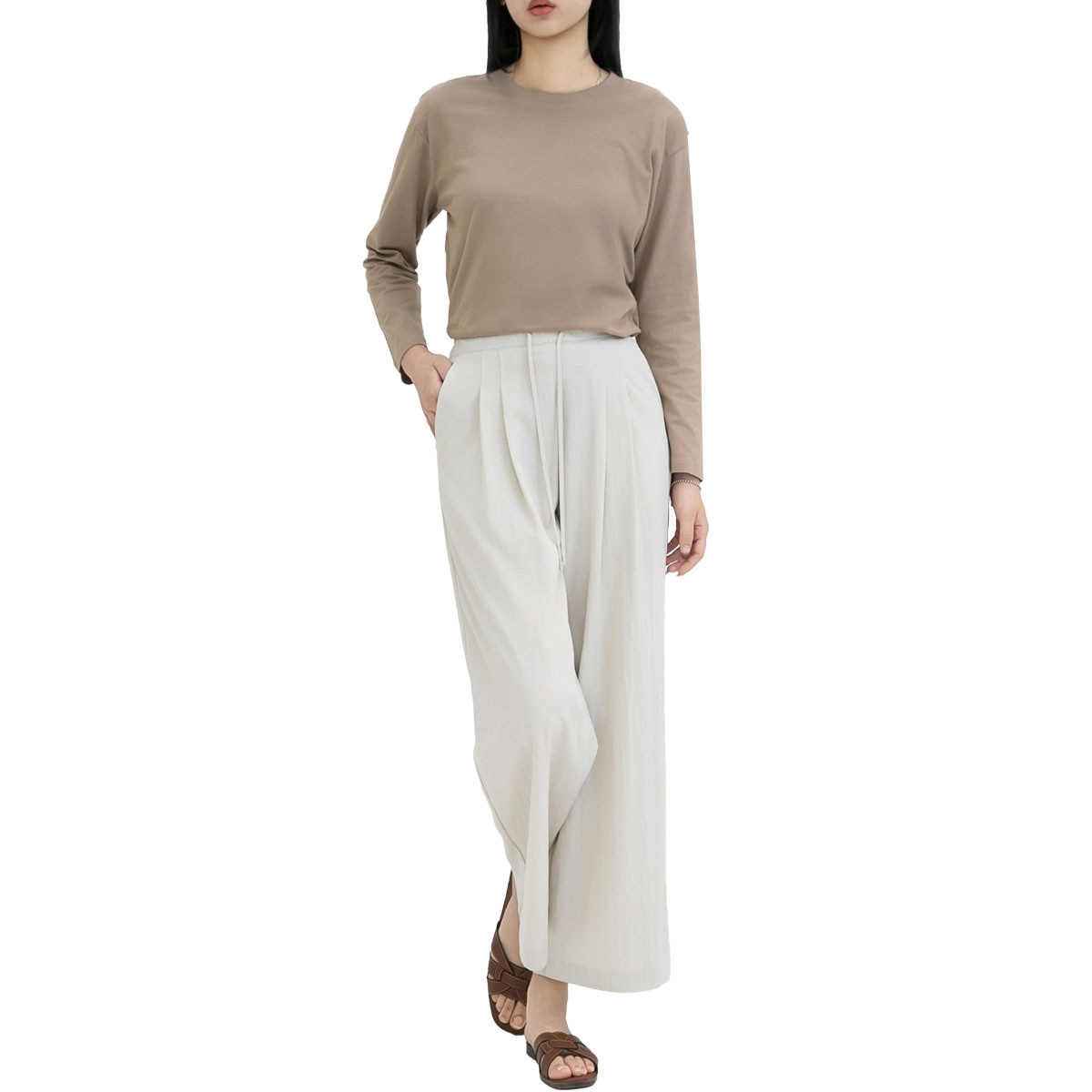 르샵 여성 핀턱 와이드 팬츠 - 라이트 베이지, M