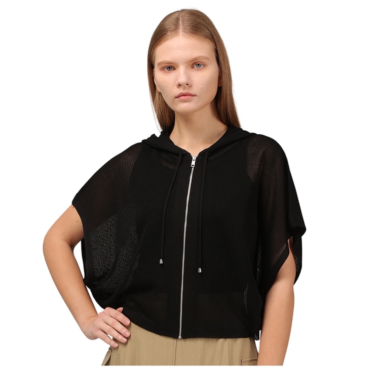 솔레지아 여성 크로셰 니트 후드 집업 케이프 - 블랙, M/L