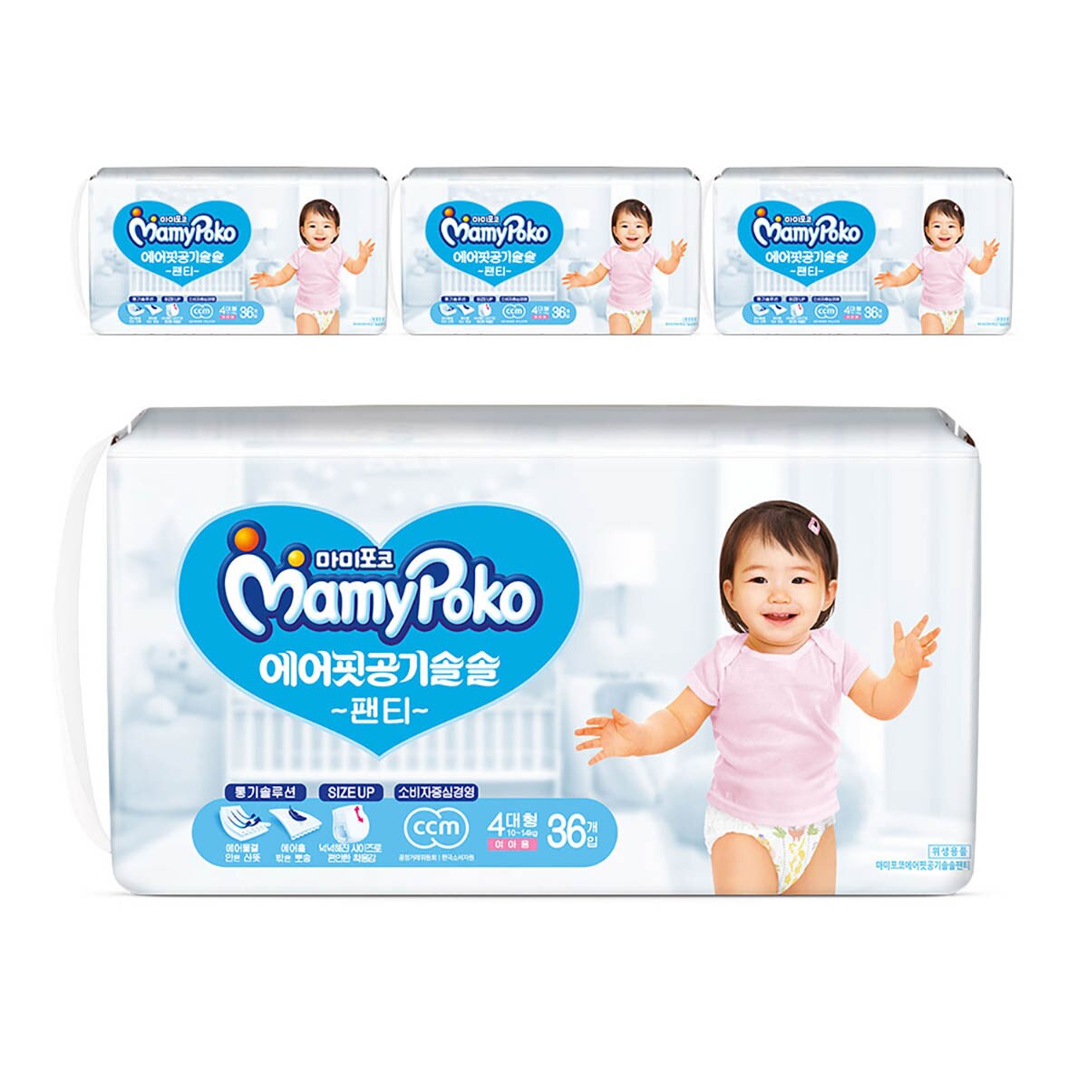 마미포코 에어핏공기솔솔 팬티 대형 36매 x 4 - 여아용