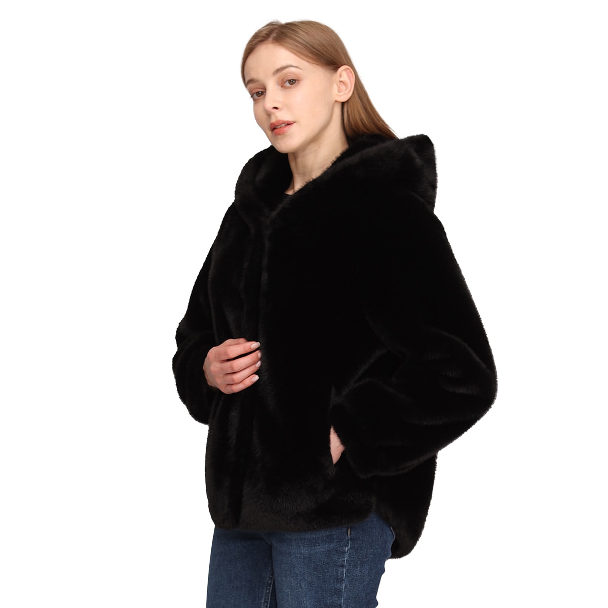 레니본 여성 인조퍼 재킷 - 블랙