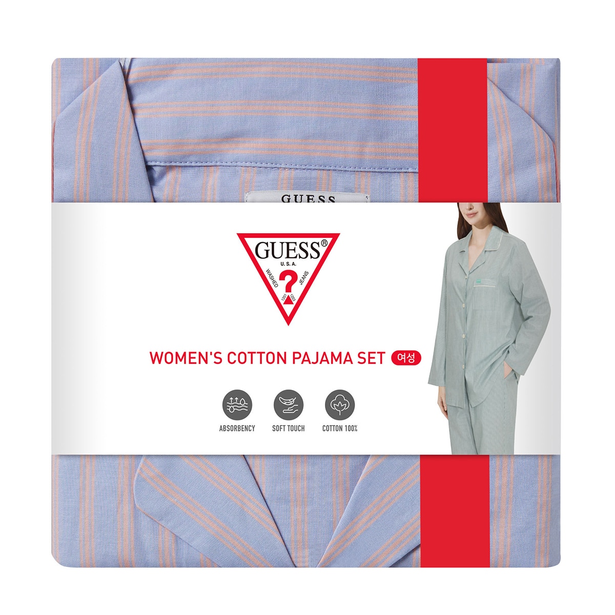 게스 여성 코튼 파자마 세트 - 블루 스트라이프, L