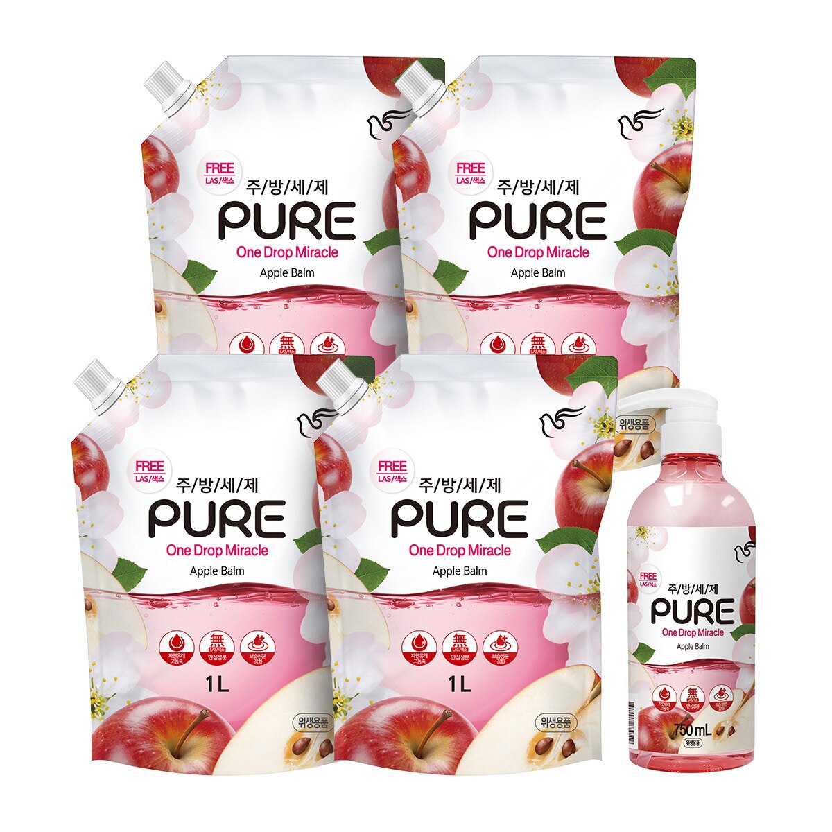 피죤 퓨어 주방세제 750ml + 1000ml x 4pk - 애플밤