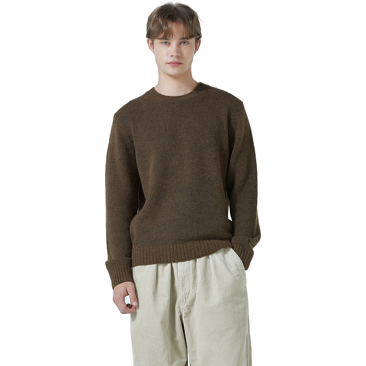 바인 남성 알파카 울 블랜디드 니트 - 브라운