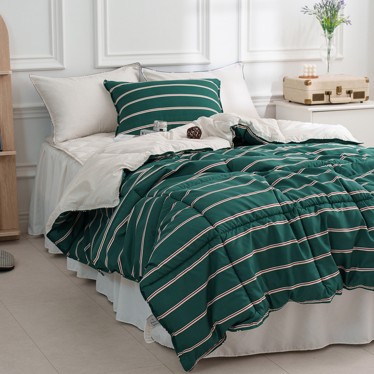 플로티나 차렵 이불 세트 4P - 싱글, 스트라이프 그린