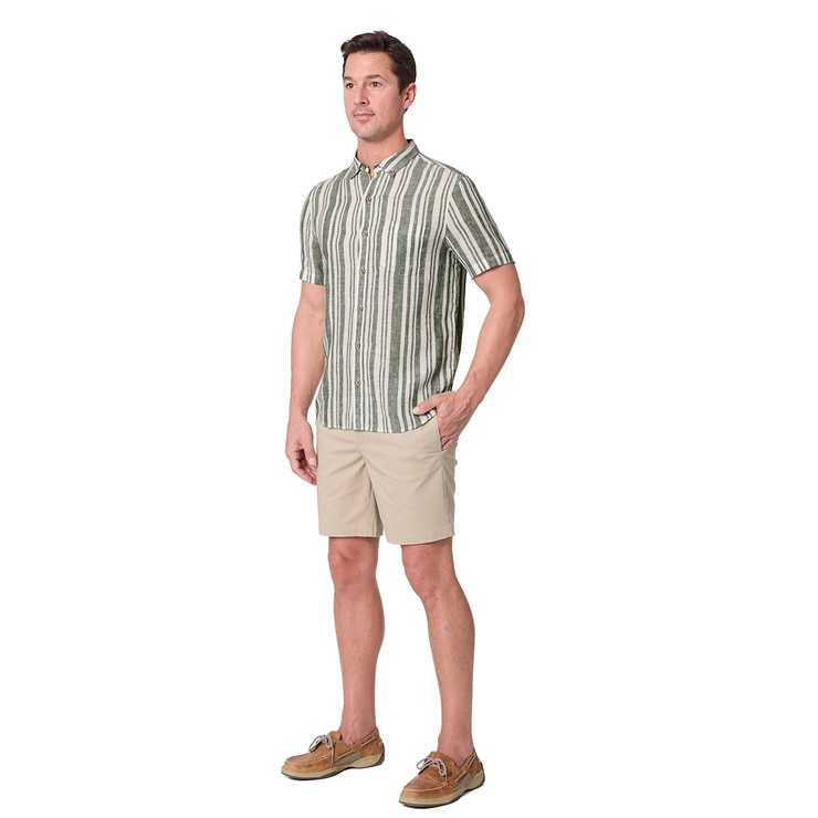 Tailor Vintage 남성 반소매 린넨 셔츠 - 그린 스트라이프