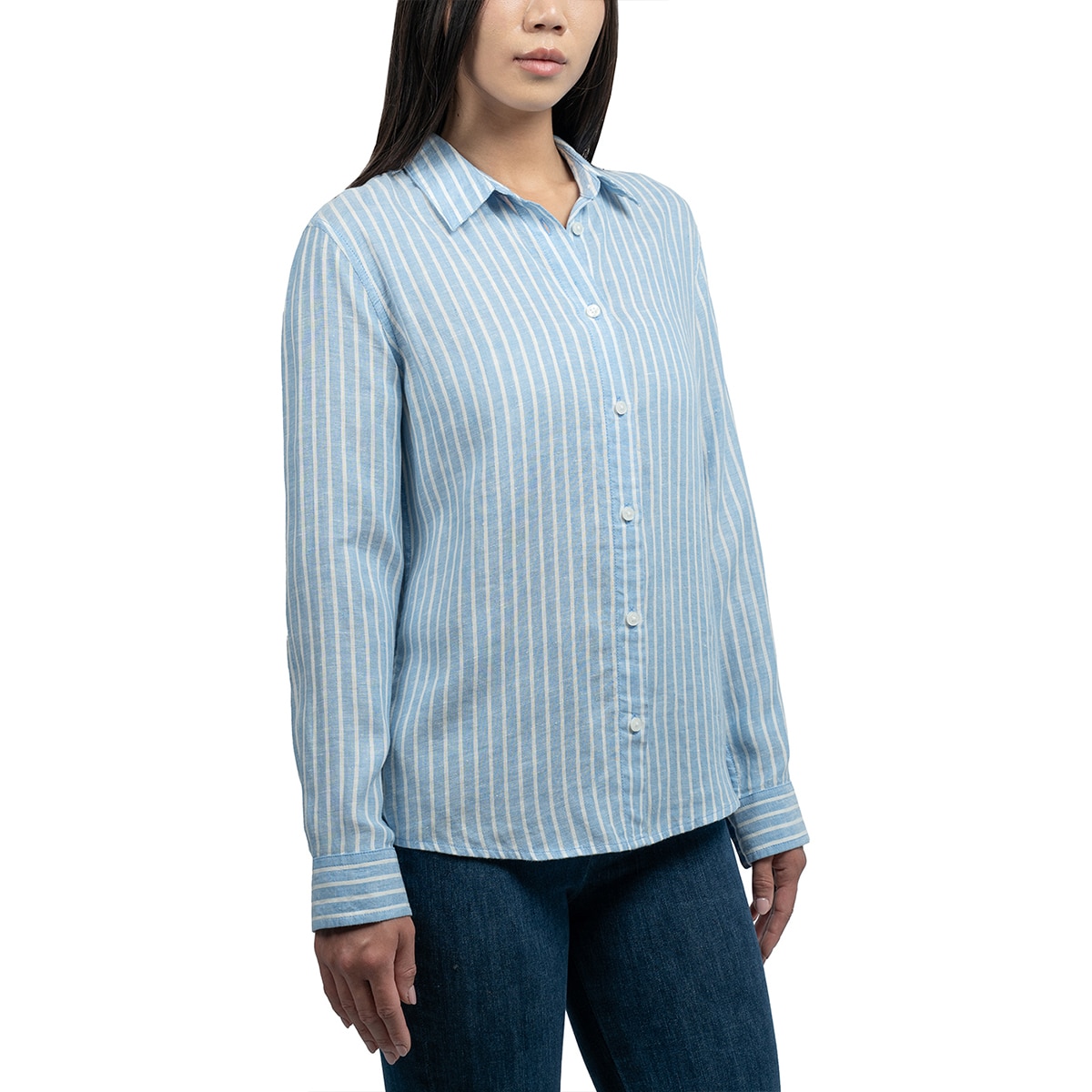잭스 여성 리넨 스트라이프 셔츠 - 블루, M