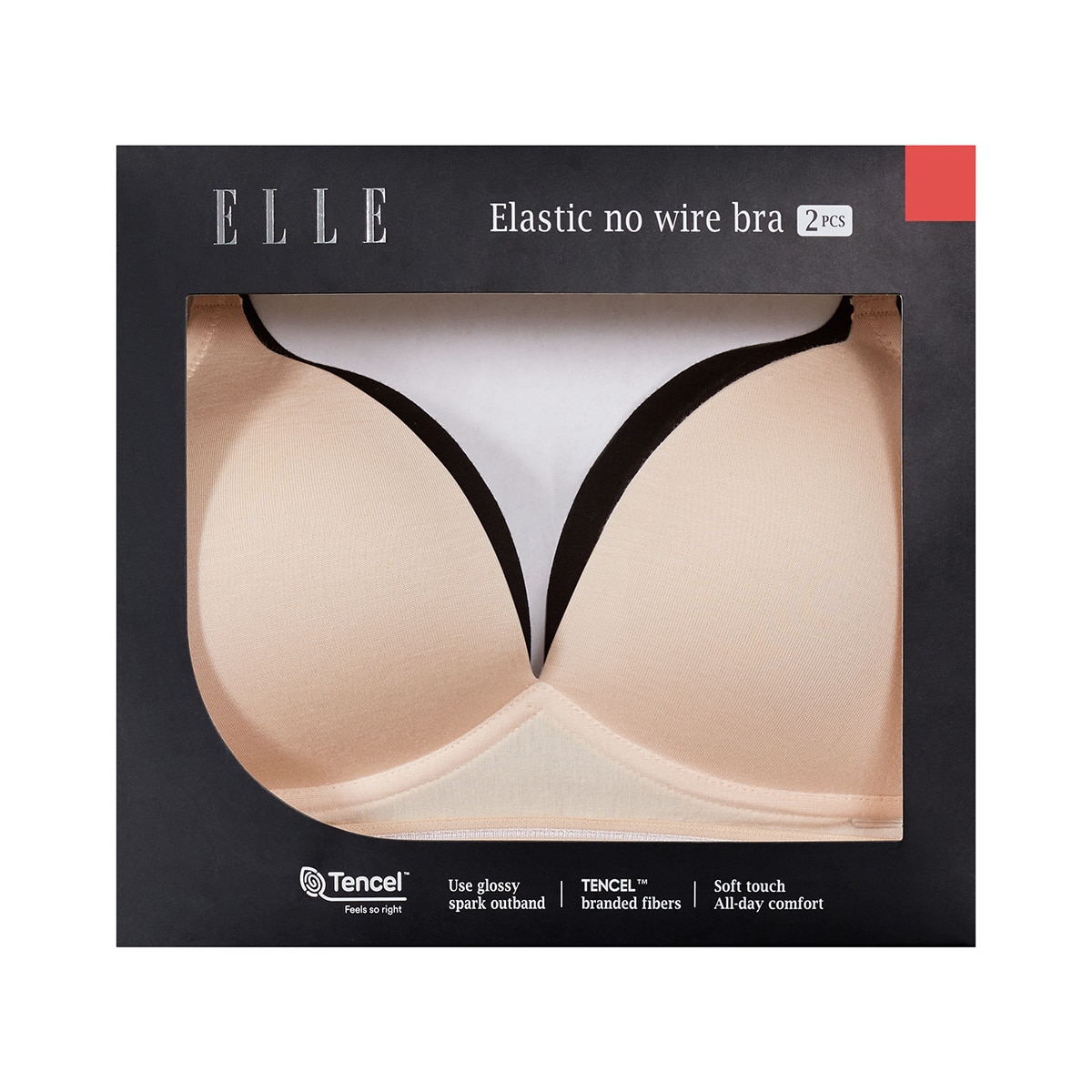엘르 여성 엘라스틱 노와이어 브라 2매 - 라이트스킨/블랙, S