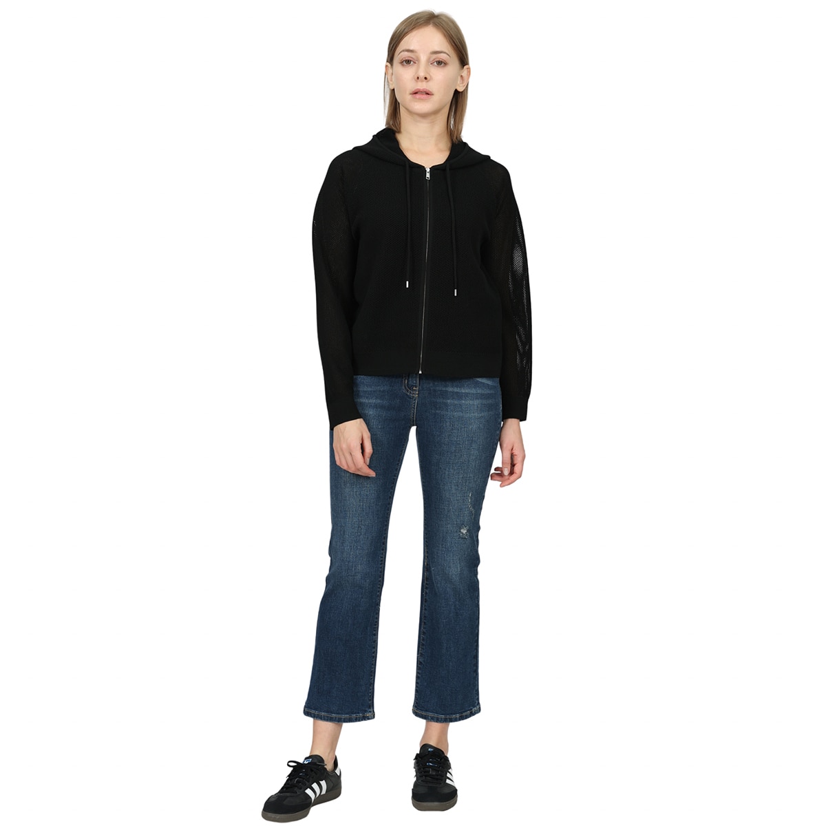 솔레지아 여성 니트 후드 집업 - 블랙, M