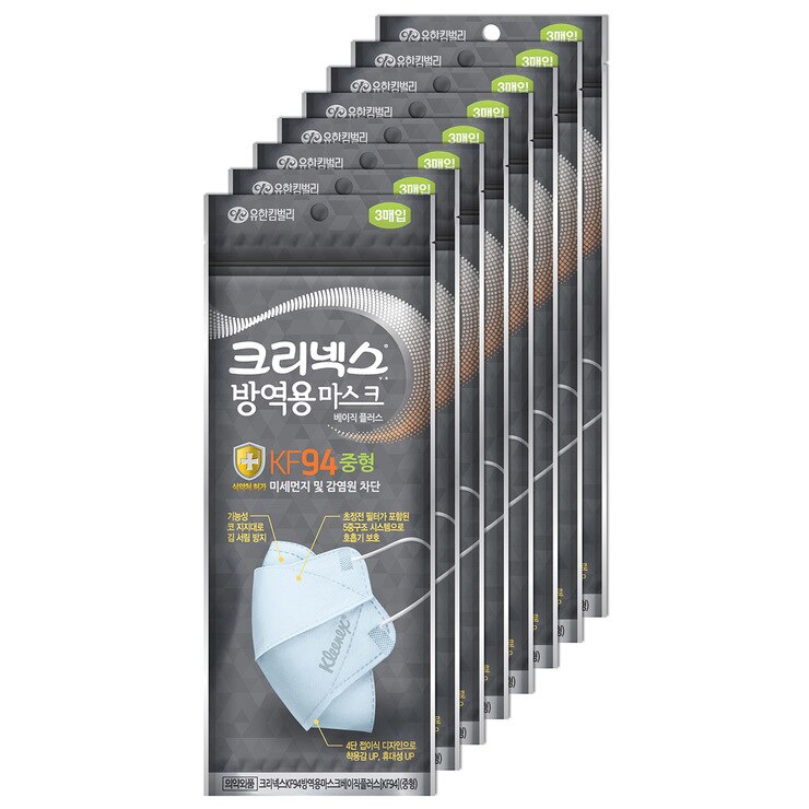 크리넥스 KF94 방역용 마스크 3매 x 8, 중형 Costco 코리아