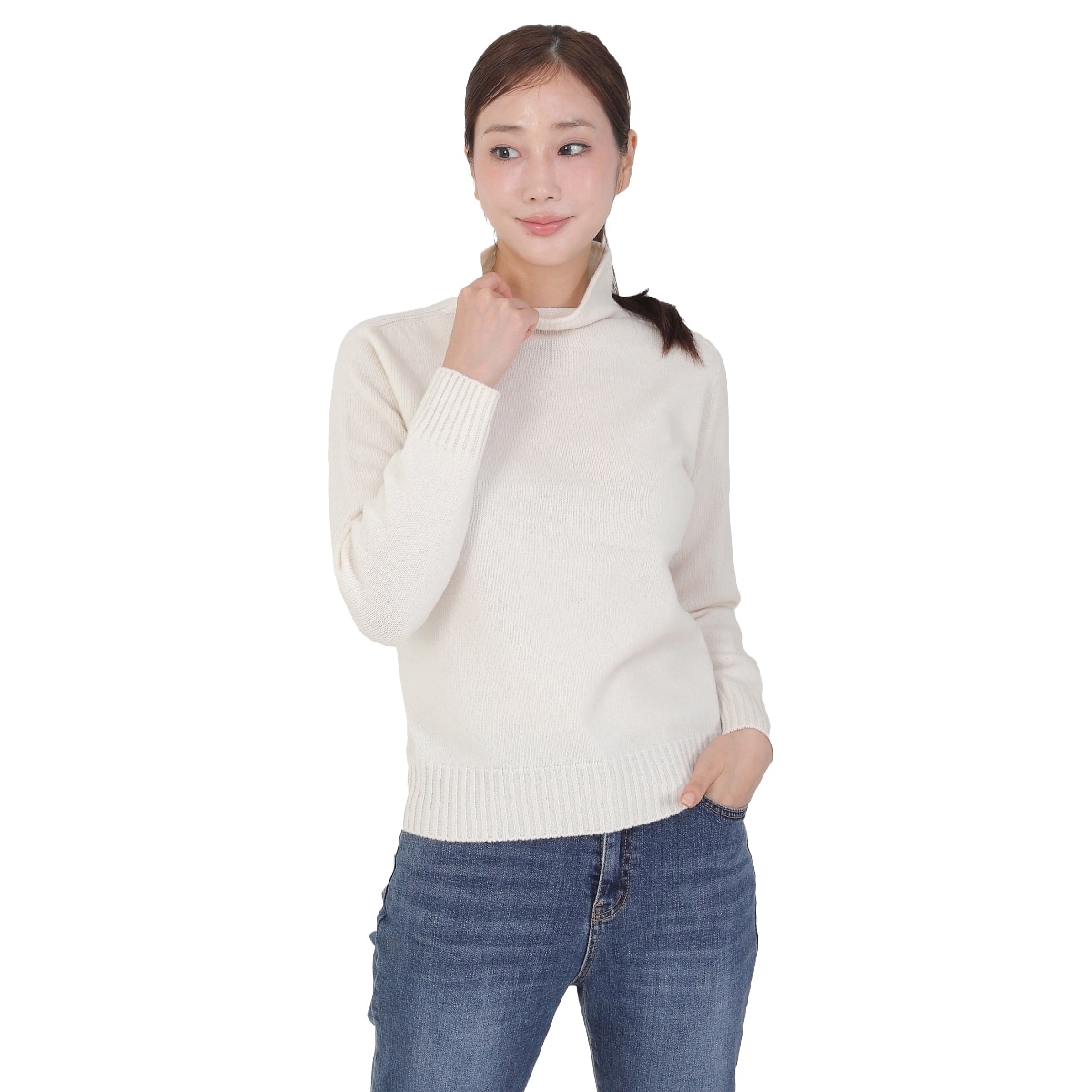 베네뜨 여성 롤헴 하이넥 울캐시미어 스웨터 - 크림