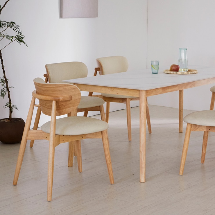 리비니아 노보 6인 세라믹 식탁 세트 - 내츄럴(프레임(식탁&의자))+화이트(세라믹 상판)