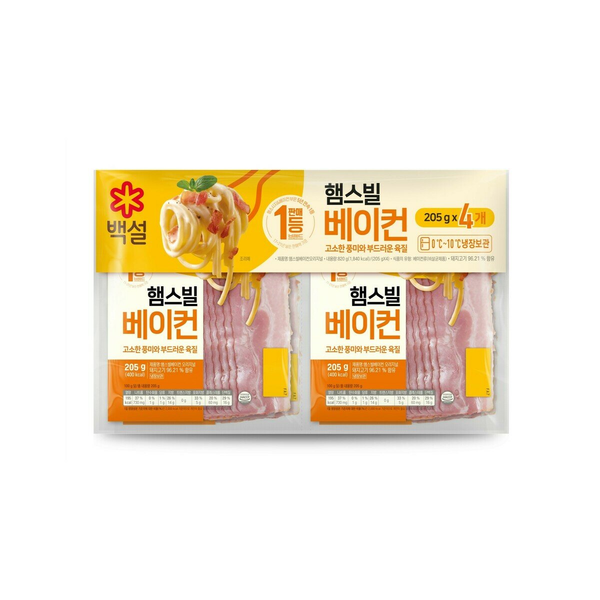 백설 햄스빌 베이컨 (205g x 4) x 2 , 총 8팩