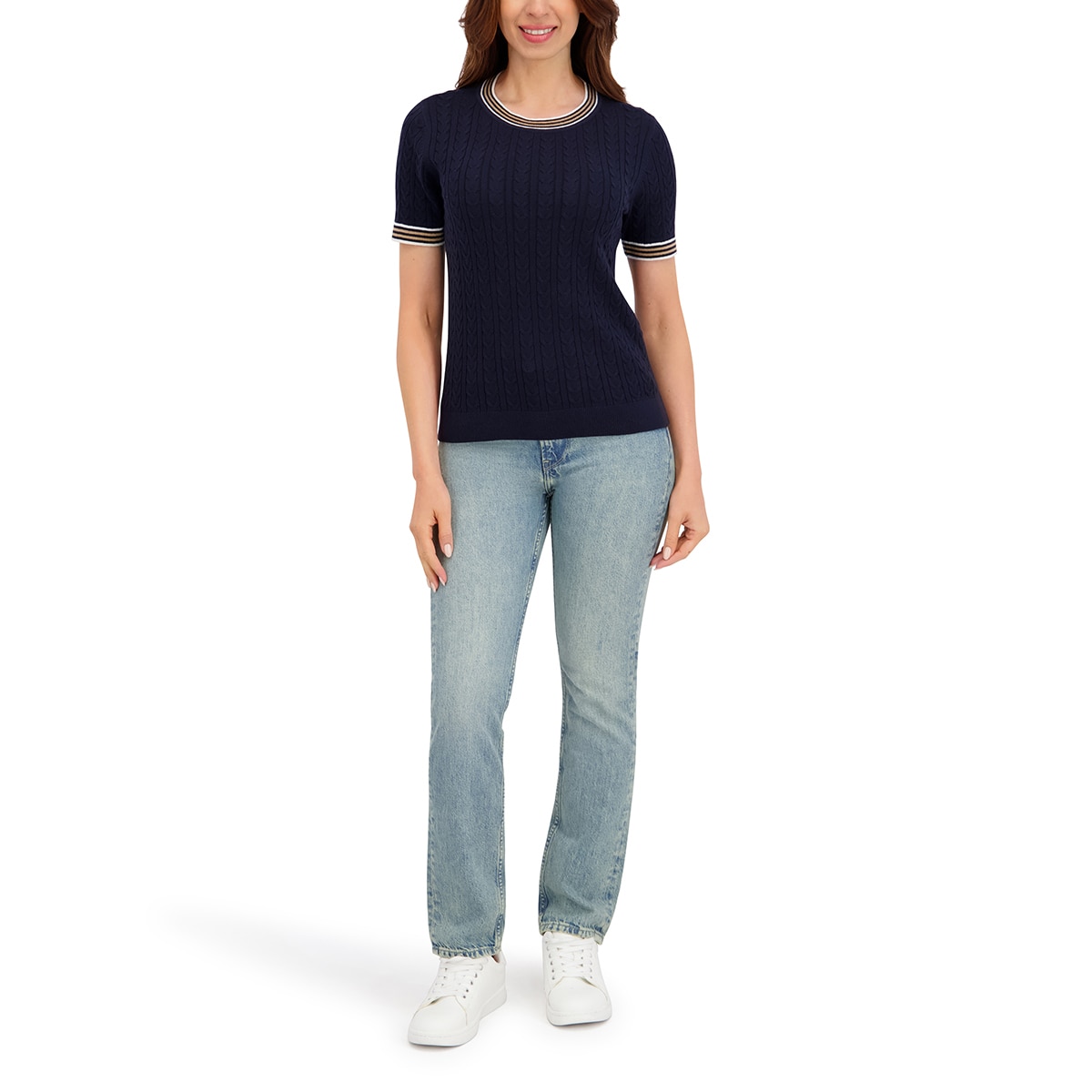 할스톤 여성 케이블 반소매 니트 - 네이비, M