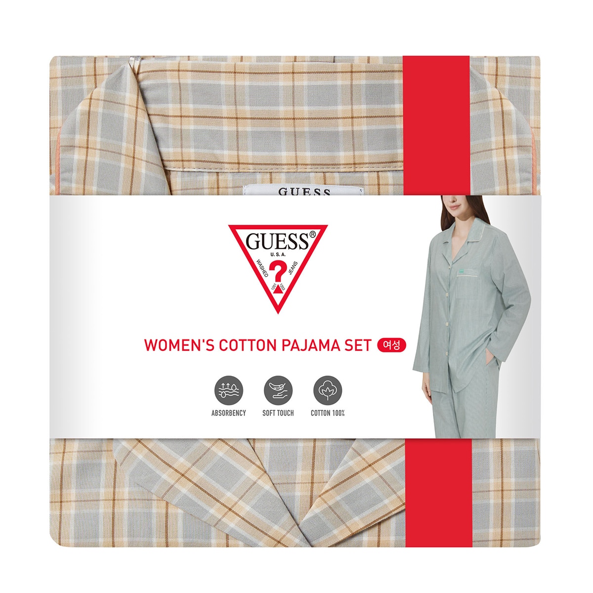 게스 여성 코튼 파자마 세트 - 옐로우 체크, M 게스 여성 코튼 파자마 세트 - 옐로우 체크, M