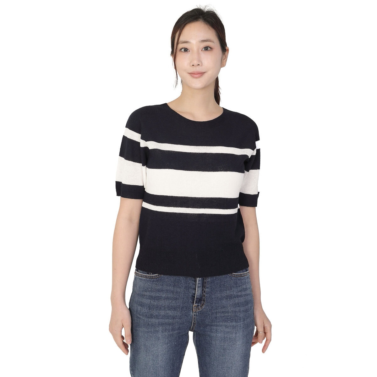 베네뜨 여성 홀가먼트 라운드넥 풀오버 - 네이비 스트라이프, M