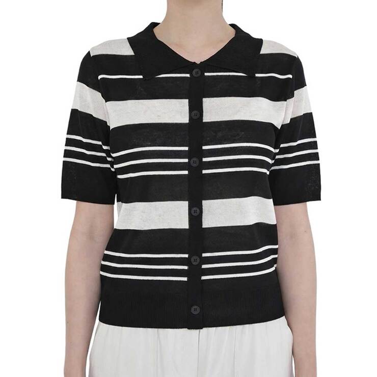 베네뜨 여성 카라 스트라이프 풀오버 니트 - 블랙>오트밀, S