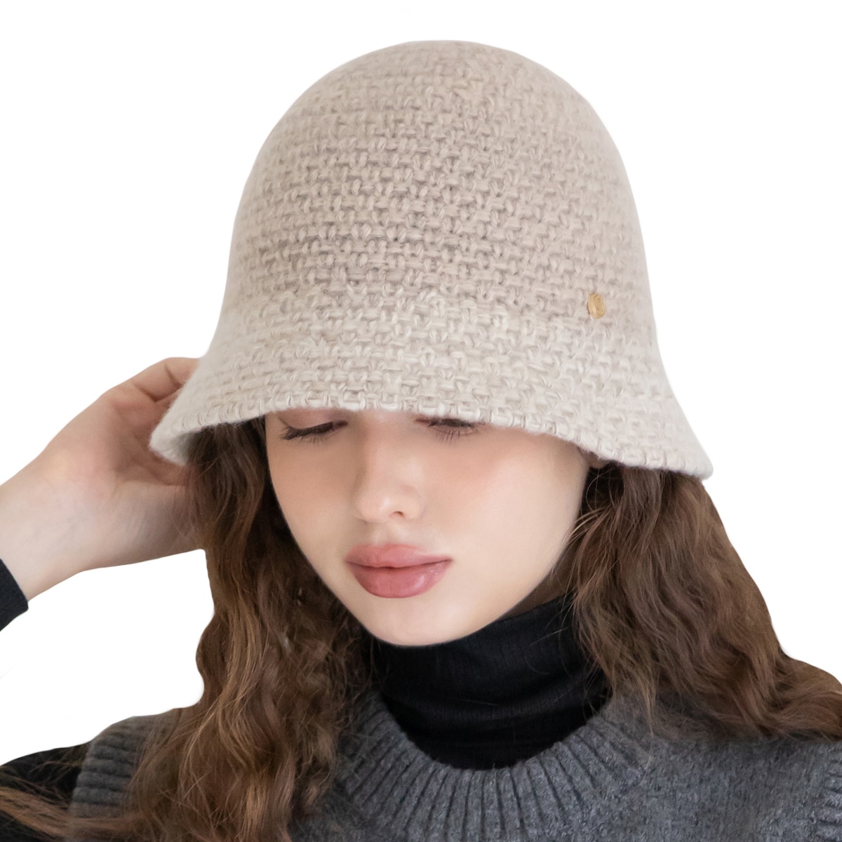 안드레아바나 여성 울 트위드 모자 - 베이지