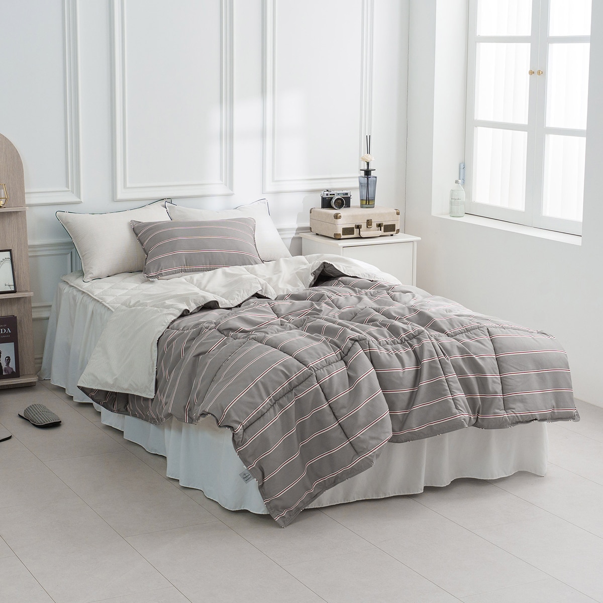 플로티나 차렵 이불 세트 4P - 싱글, 스트라이프 그레이