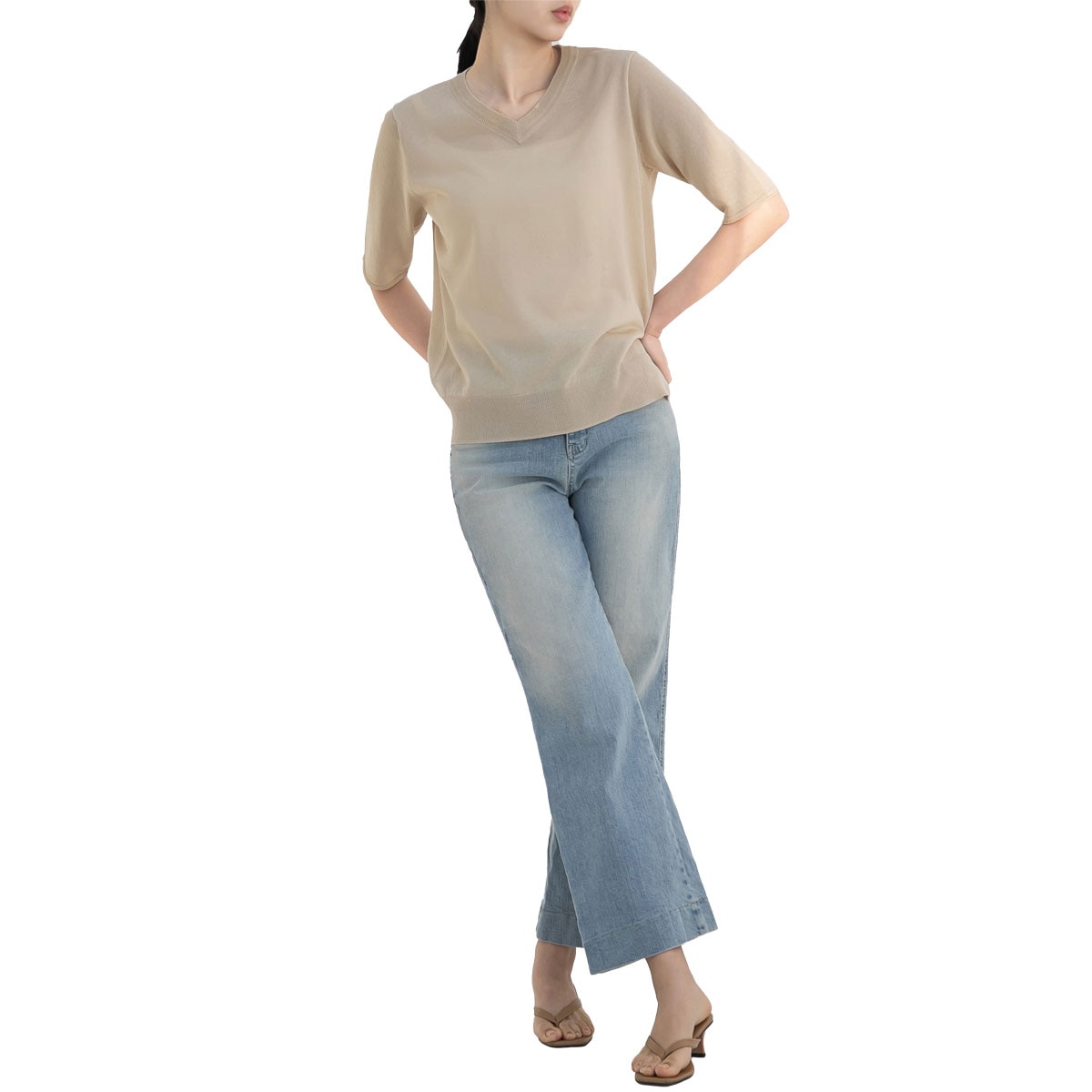 보니스팍스 여성 브이넥 풀오버 니트 - 베이지, L