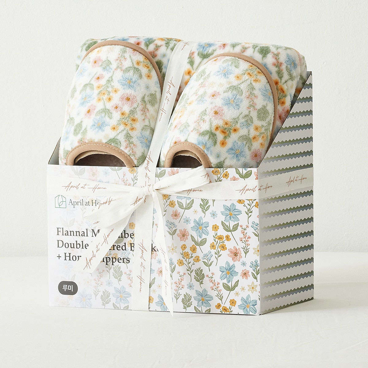 April At Home 플란넬 극세사 담요 슬리퍼 선물세트 - 루미(블루멀티플라워)