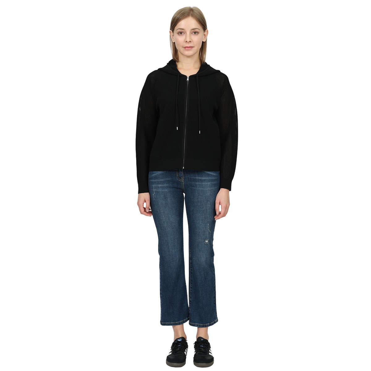 솔레지아 여성 니트 후드 집업 - 블랙, M