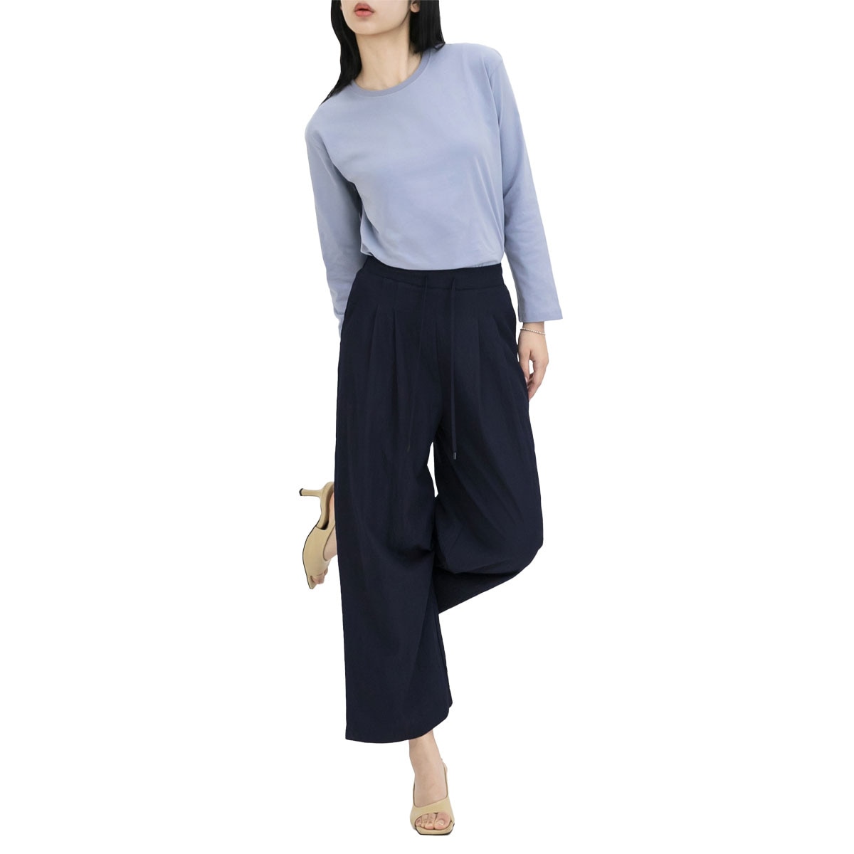 르샵 여성 핀턱 와이드 팬츠 - 네이비