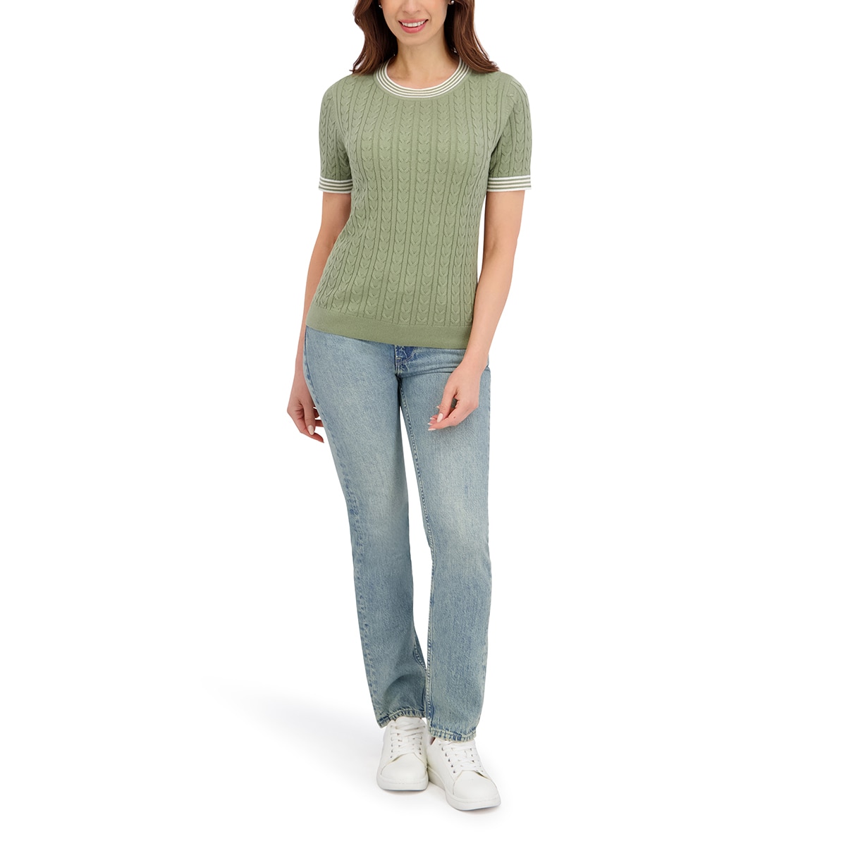 할스톤 여성 케이블 반소매 니트 - 그린, M