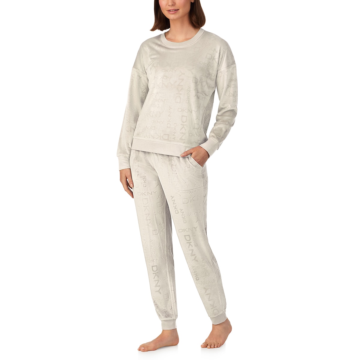 DKNY 여성 플러시 라운지 상하의 세트 - 크림 베이지