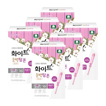화이트 순면 탐폰 레귤러 또는 수퍼 16개 x 6팩