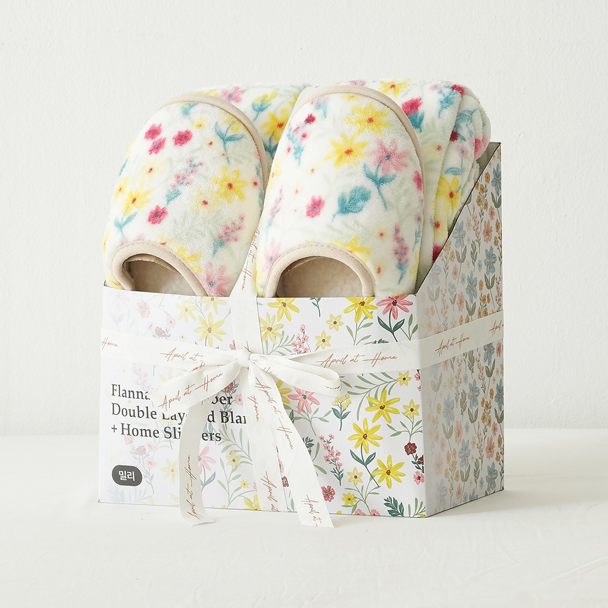 April At Home 플란넬 극세사 담요 슬리퍼 선물세트 - 밀리(옐로우플라워)