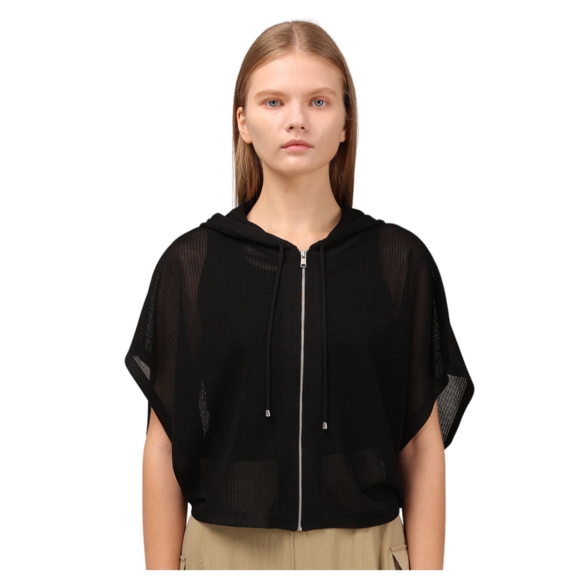 솔레지아 여성 크로셰 니트 후드 집업 케이프 - 블랙, M/L