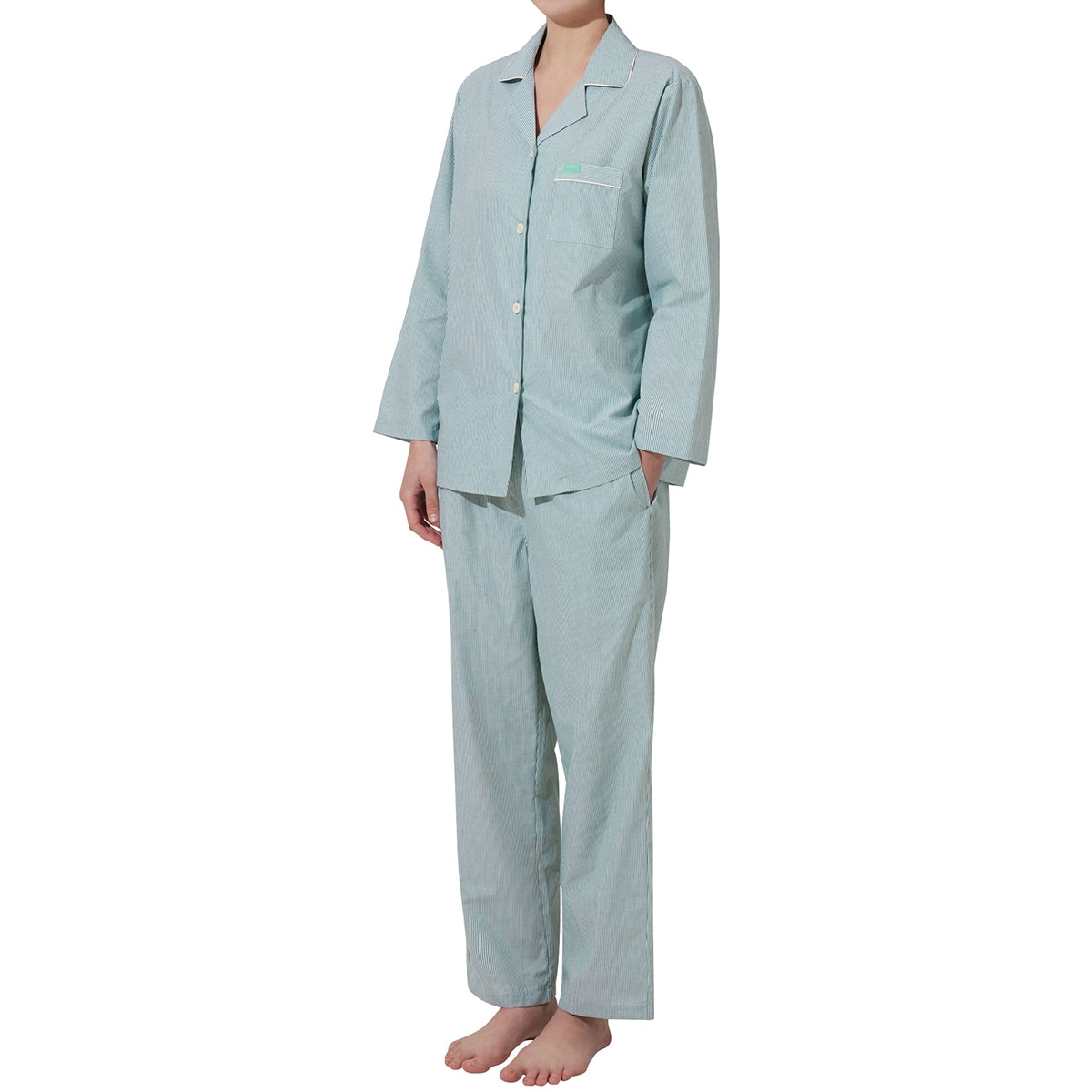게스 여성 코튼 파자마 세트 - 그린 스트라이프, S