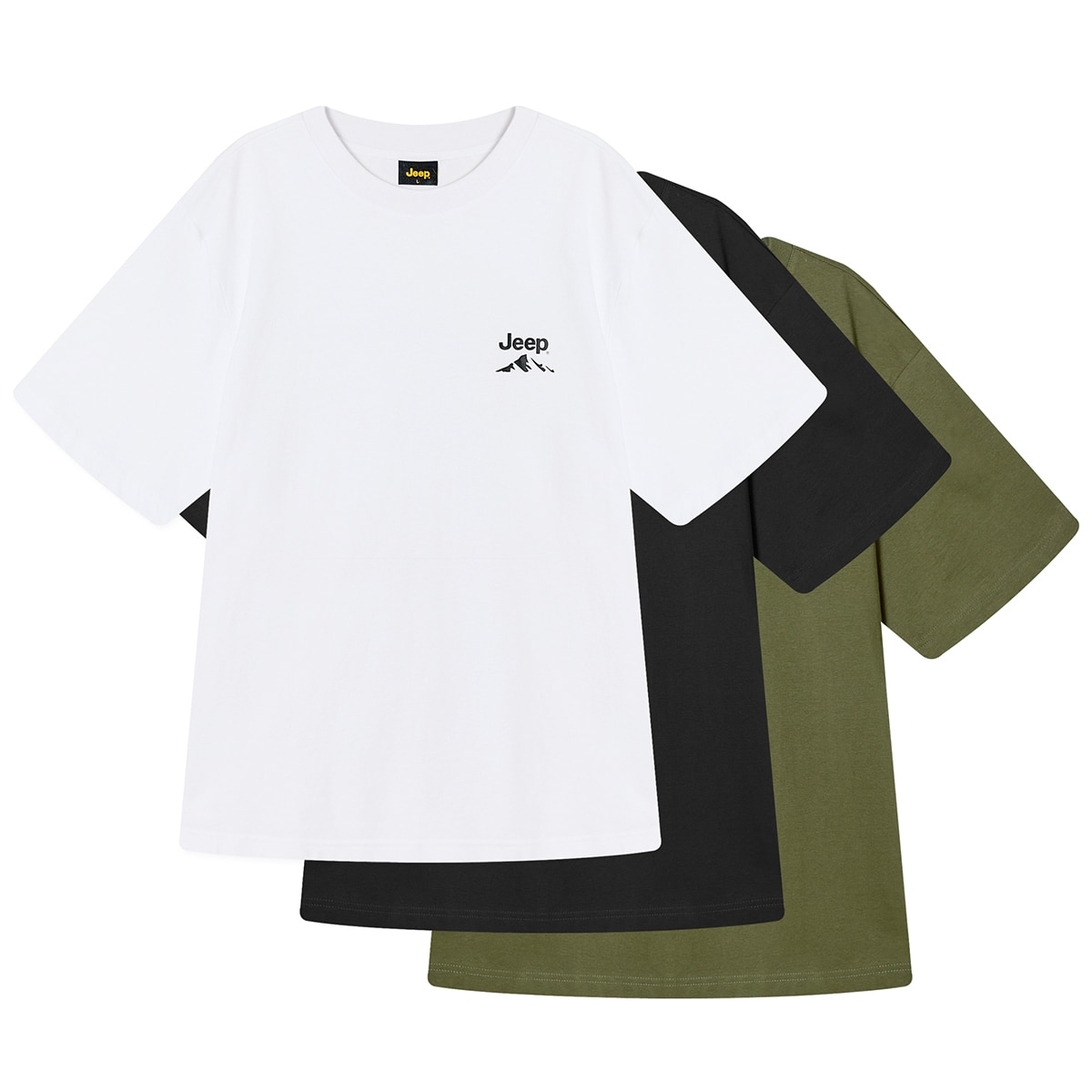 지프 크루 티셔츠 3매 - 화이트/블랙/카키, M
