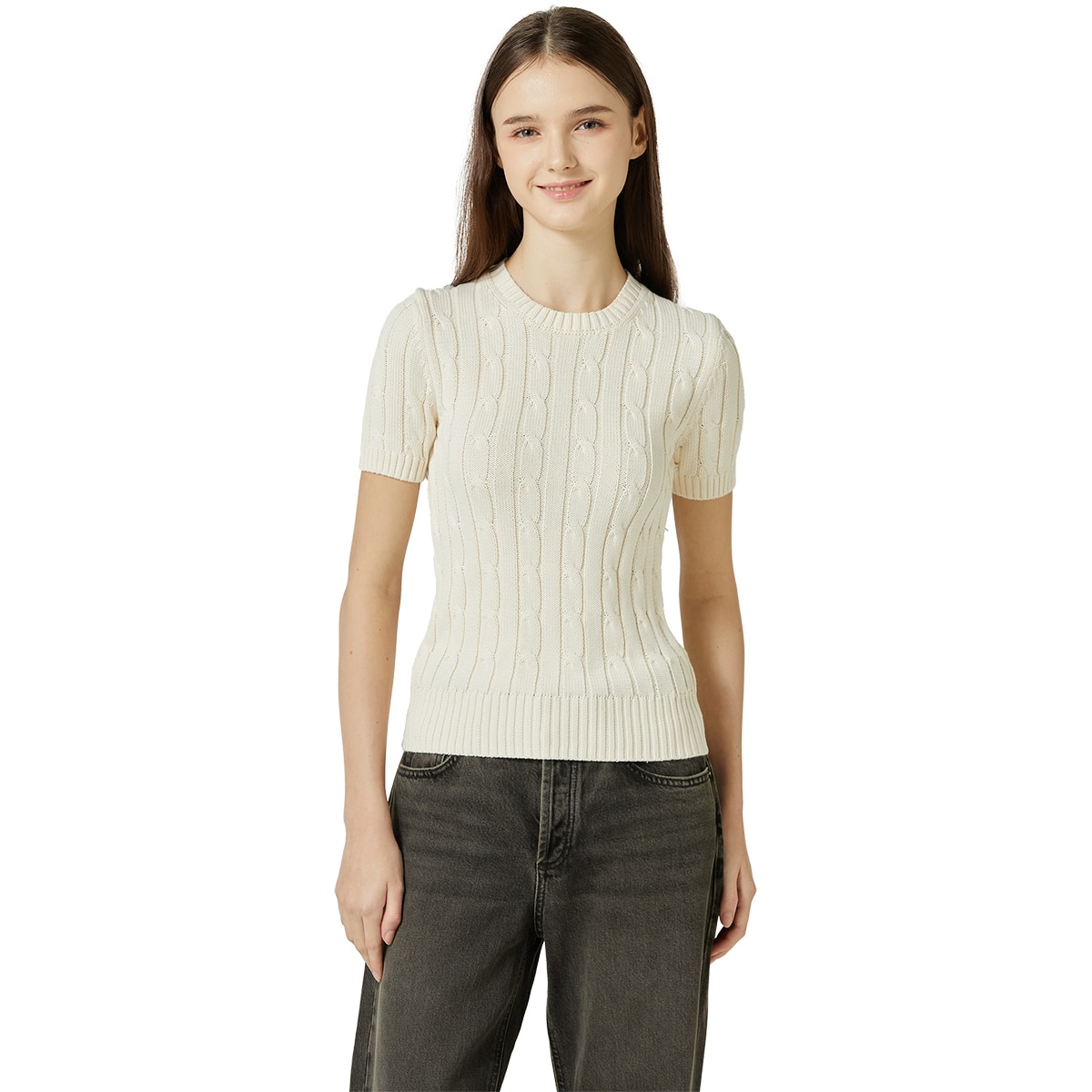 리디아 바인 여성 수피마코튼 케이블 반소매 니트 - 아이보리