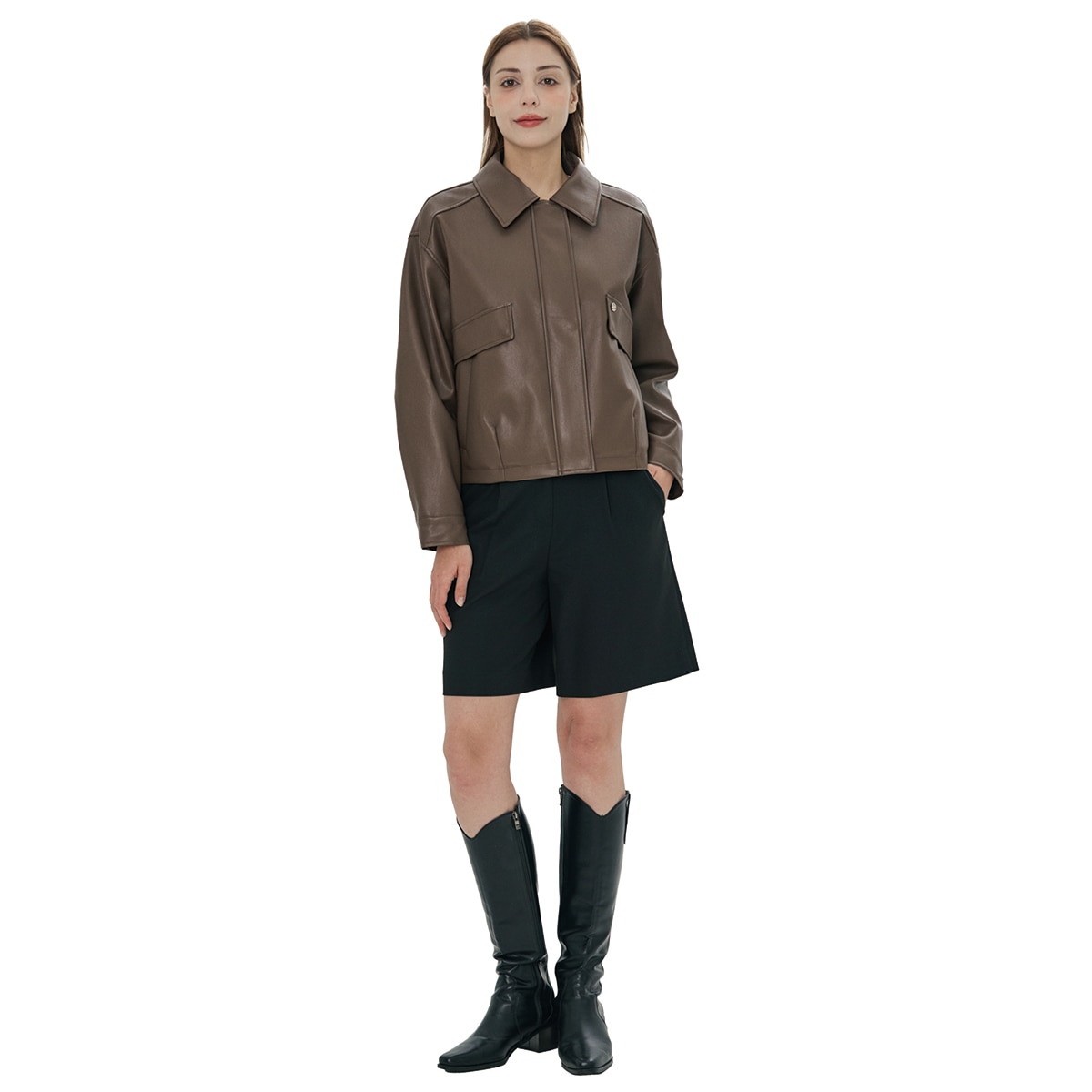 비지트 인 뉴욕 여성 루즈핏 인조가죽 재킷 - 브라운, M/L