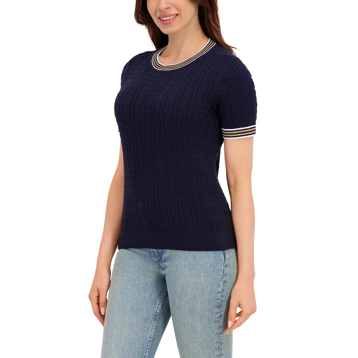 할스톤 여성 케이블 반소매 니트 - 네이비, M