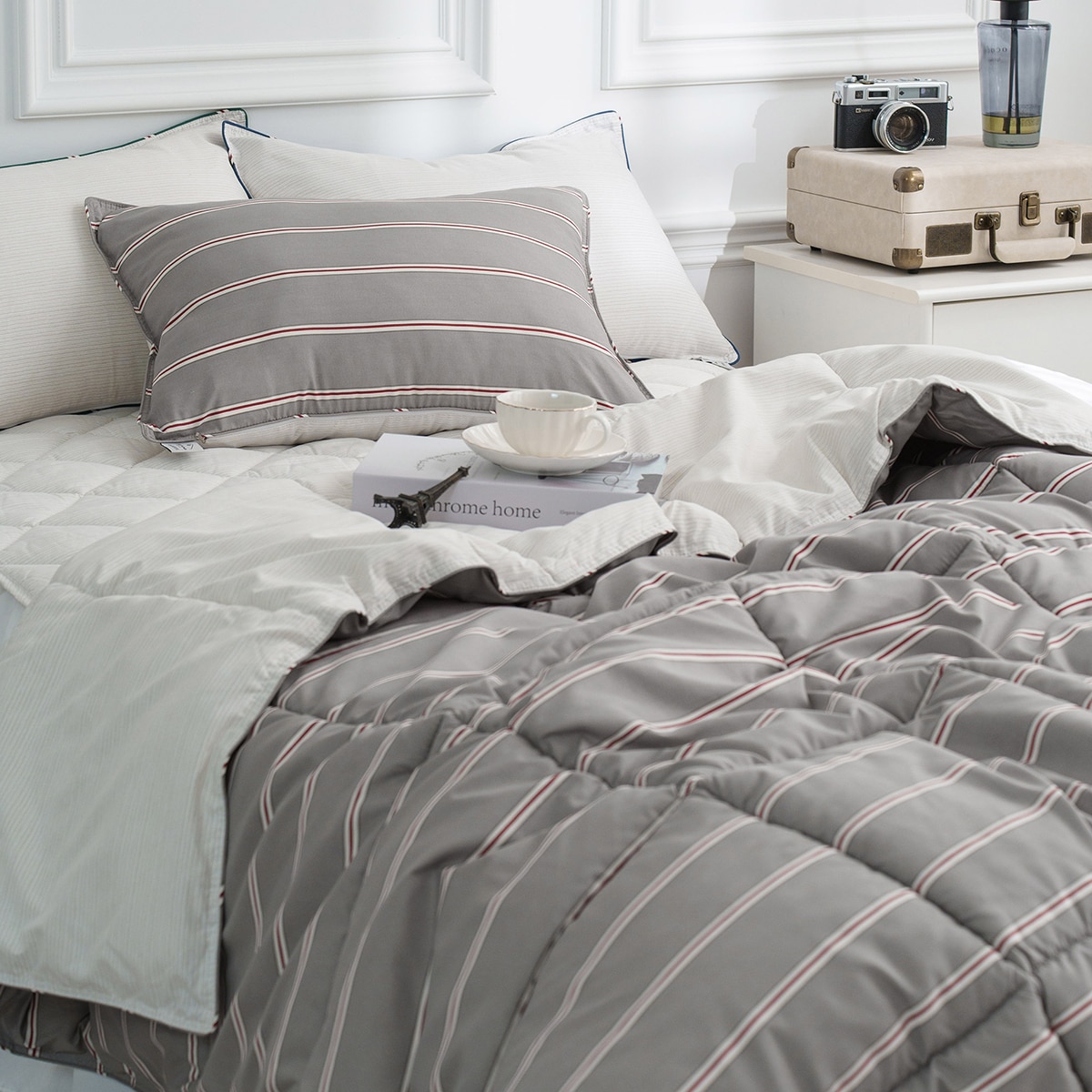 플로티나 차렵 이불 세트 4P - 싱글, 스트라이프 그레이