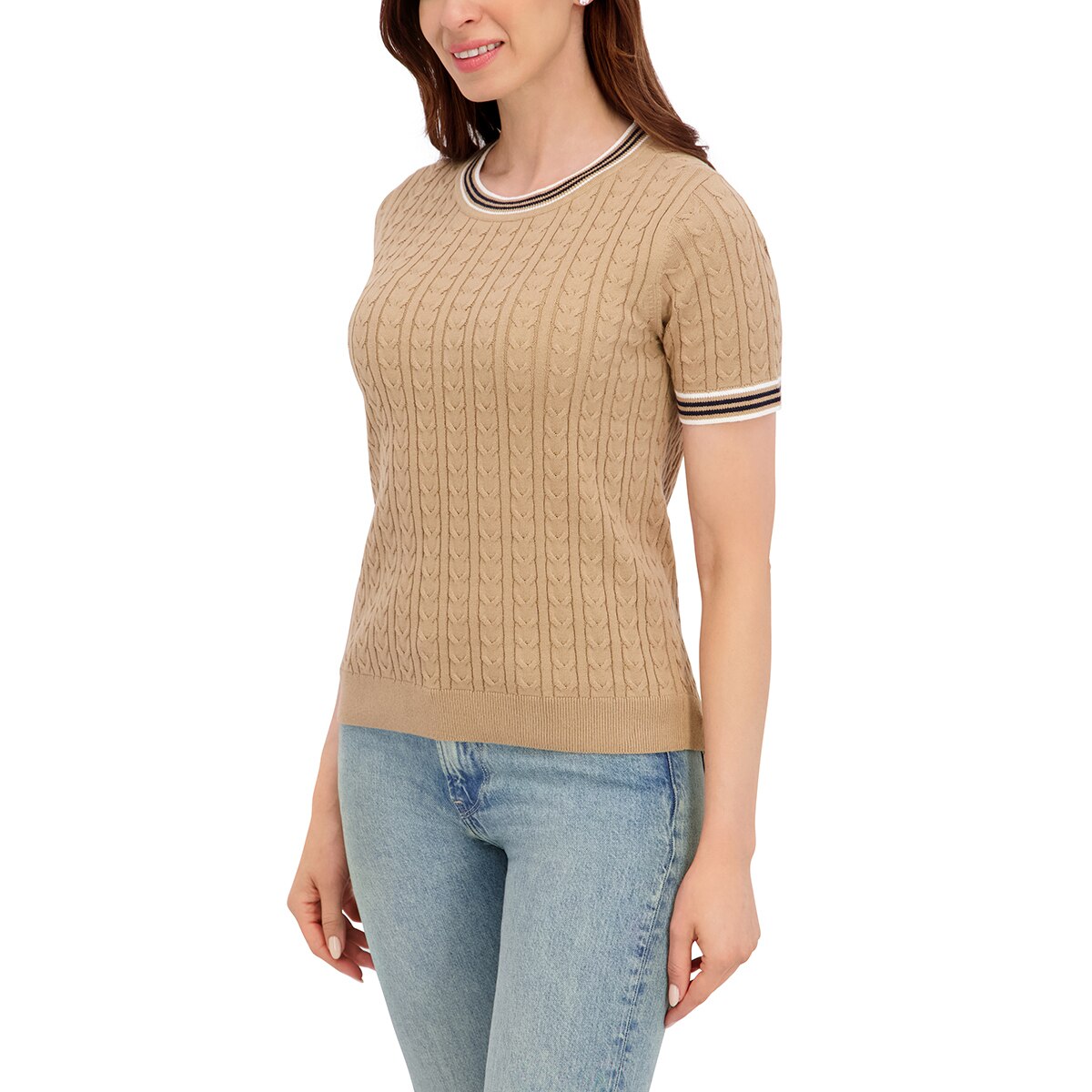 할스톤 여성 케이블 반소매 니트 - 베이지, M